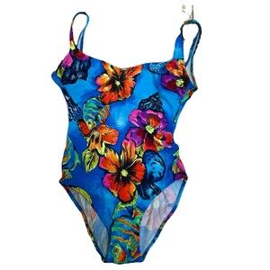 Vintage Tropical Floral Seashell Swimsuit‎ Size 8 Bold Blue Made USA - Cazimi